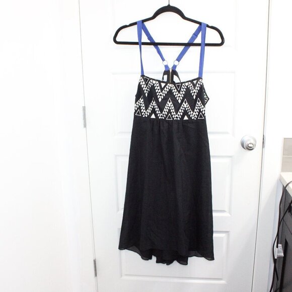 Anthropologie Leifnotes Dress Size 14 Black Blue White Sheath Empire Waist Midi - Picture 1 of 4